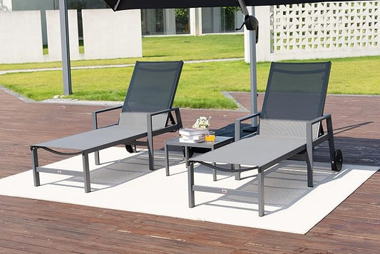 PURPLE LEAF Modern Charcoal Grey Patio Chaise Lounge Set for 2 with Adjustable Pool Chaise Lounge Chair and Table Included