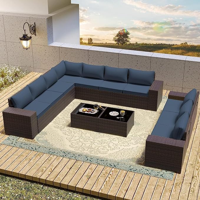 Outdoor Patio Furniture Set, 12 Pieces Outdoor Furniture All Weather Patio Sectional Sofa PE Wicker Modular Conversation Sets with Coffee Table,10 Chairs & Seat Clips Dark Blue