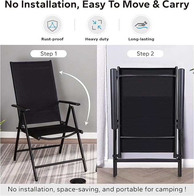 MFSTUDIO Patio Folding Chairs Set of 4, Outdoor Patio Dining Chairs, Portable Black Sling Patio Chairs, 7 Levels Adjustable Sling Back Chairs for Backyard Lawn Garden