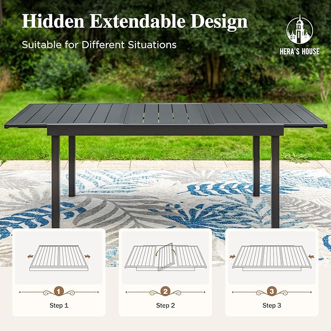 HERA'S HOUSE 9 Pieces Patio Dining Set, Outdoor Dining Set for 8, 8 x All Weather Textilene Padded Dining Chair, 1 x Rectangular Expandable Large Surface Metal Dining Table