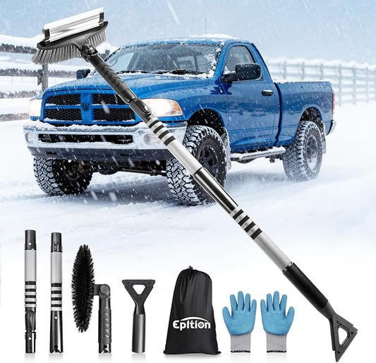 57" Extendable Long Snow Brush with Ice Scraper for Car Truck SUV Van - Soft Squeegee with 270° Pivoting Brush Head for Windshieldand Window - Snow Scraper with Antifreeze Gloves