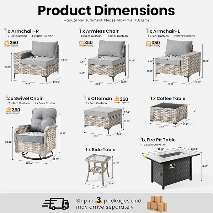 ovios 9 Pieces Patio Furniture Set Outdoor Sectional Sofa Couch with Fire Pit Table Rocking Swivel Chairs Deep Seat Chaise, Modern Modular Wicker Rattan Conversation Set, Dark Grey