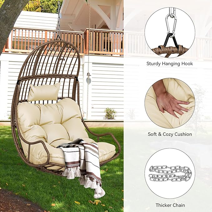 YITAHOME Hanging Egg Swing Chair Egg Chair Wicker Indoor Outdoor Hammock Egg Chair with Cushions 330lbs for Patio, Bedroom, Garden and Balcony, Beige (Stand not Included)