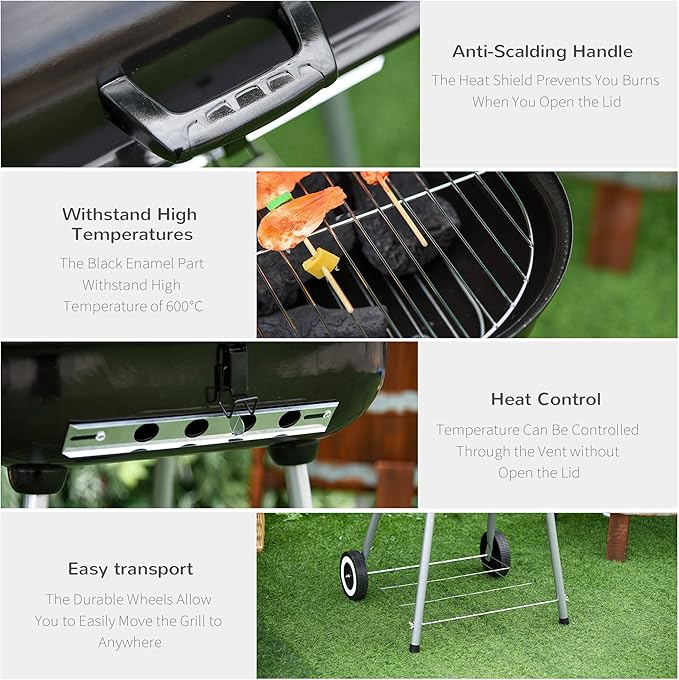 Outsunny Portable Charcoal Grill with Foldable Side Shelf and Bottom Shelf, BBQ Smoker with Wheels and Adjustable Vents on Lid for Picnic Camping Backyard Cooking, Black