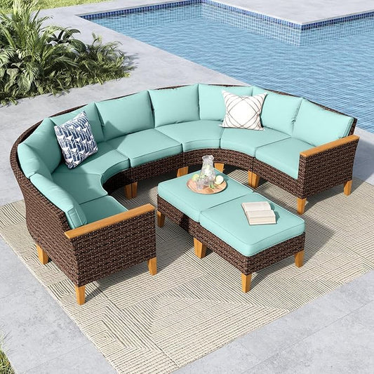 MFSTUDIO 9 Pieces Extra Large Wicker Patio Furniture Set, Rattan Outdoor Half-Moon Sectional Sofa Conversation Set, 4 x Curved Sofa, 1 x Armless Couch, 2 x Ottoman, 2 x Corner Chair(Aqua Blue Cushion)