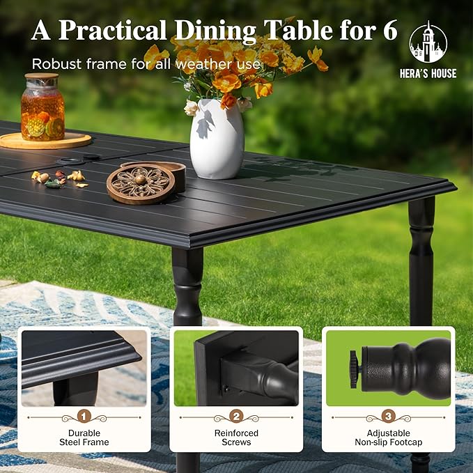 HERA'S HOUSE 7 PCS Patio Dining Set, 6 x Premium Textilene Dining Chair, 1 x 60 Classic Table, Rust Resistant Outdoor Table Chairs Set for Lawn Garden Backyard Deck