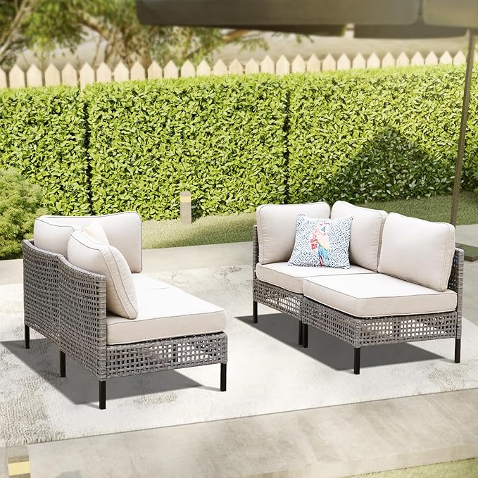 4-Piece Outdoor Modular Wicker Sofa Set with 2 Armchairs and 2 Armless Chairs, PE Rattan Sectional Furniture with 4" Beige Cushions, Gray Patio Seating for Deck, Garden, Porch