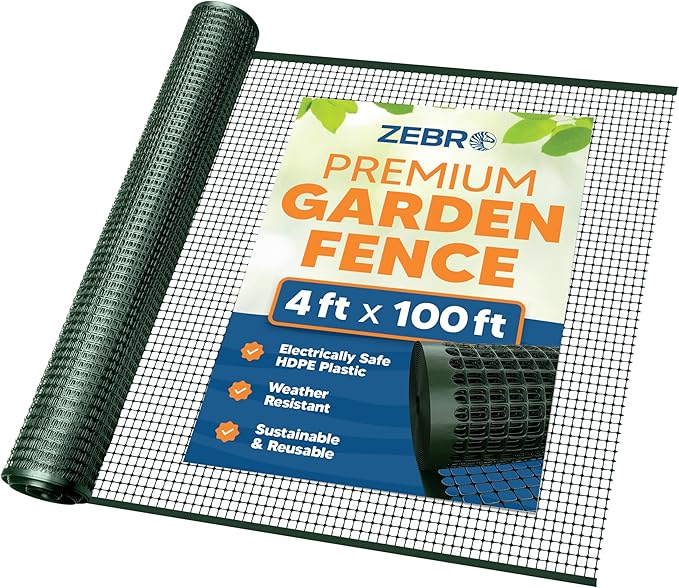 3/4" Square Mesh Plastic Fence Roll (4' x 100' - Green) - Unobtrusive 4 Foot High Temporary Garden Fencing Netting to Protect Plants, Patio, Porch, Yards and Outdoor Spaces from Deer & Animals
