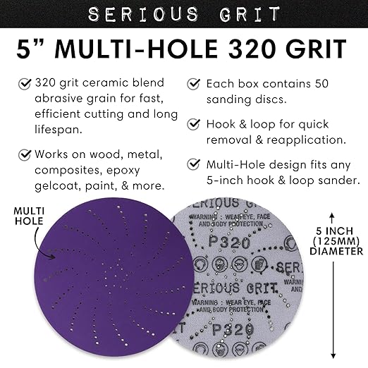 Serious Grit 5-Inch 320 Grit Ceramic Multi-Hole Hook & Loop Sanding Discs - Advanced Grain for Fast Cutting & Long Life - Film-Backed Universal Fit Sandpaper for 5-in Sanders - 50 Pack Box