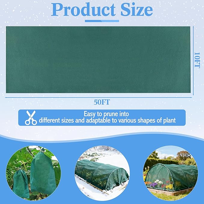 Plant Covers Freeze Protection 10 x 50 FT, 1.5oz/yd² Thick Non-Woven Frost Cloth Blanket for Outdoor Plants, Reusable Floating Row Cover for Winter Vegetables Plants Raised Garden Bed
