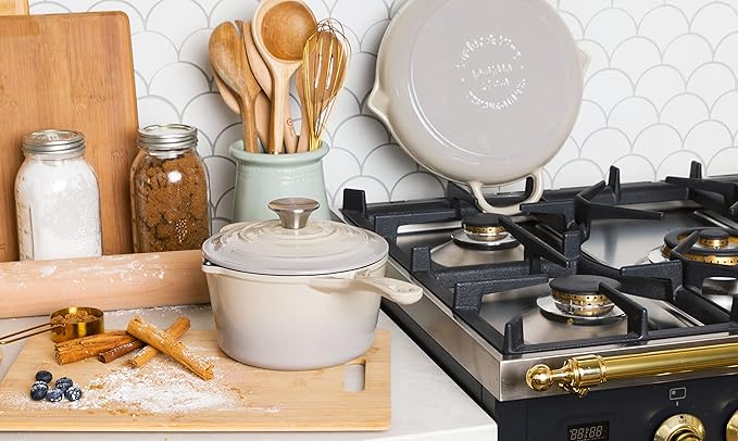 Larder & Vine 5-Piece Enameled Cast Iron Cookware Set - Includes 5.7 Quart Dutch Oven with Lid, 10.25 Inch Skillet, 2.2 Quart Saucepan with Lid (Stone)