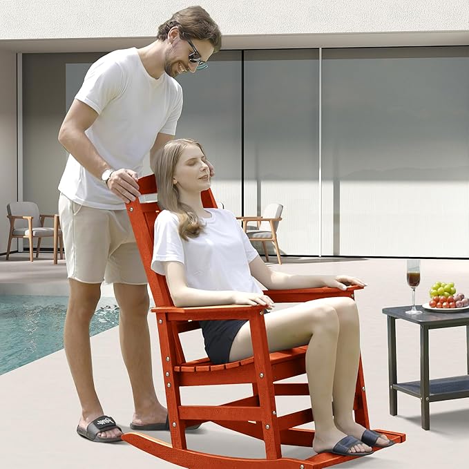 LOUNZY Outdoor Rocking Chair, HDPE Patio Rocking Chair with Footboard for Adults, All Weather Heavy Duty Front Porch Rocker, Orange