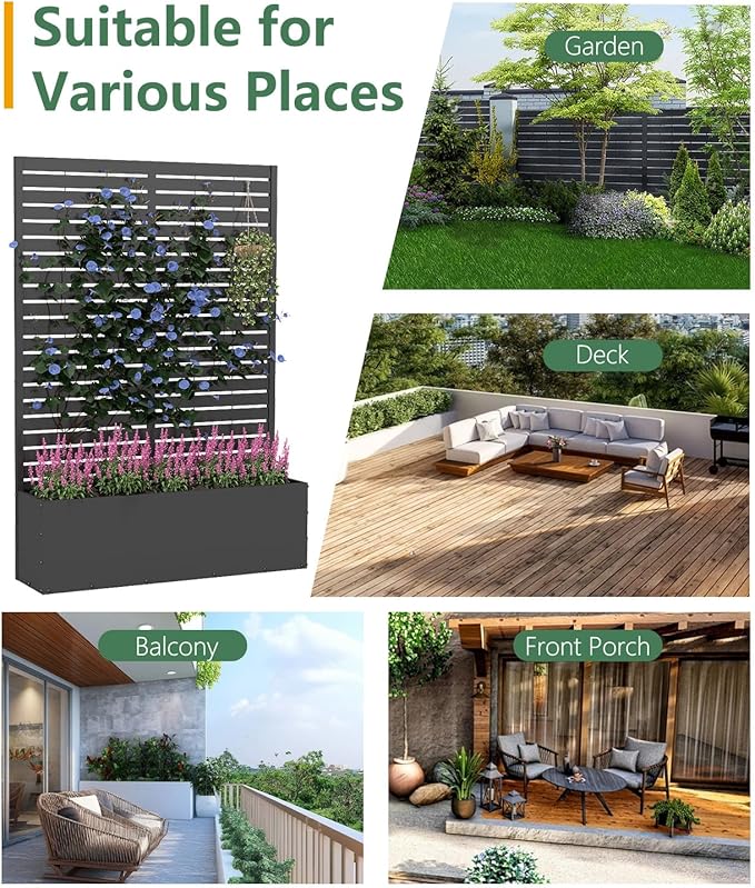2PCS Metal Planter Box with Trellis,70.9"x47.2"x15.7" Raised Garden Bed with Drainage Holes, Privacy Planters for Outdoor, Garden Bed for Climbing Plants,Vegetables,and Vines, Black-louvered