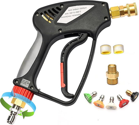 Short Pressure Washer Gun with 360 Swivel - 5000 PSI / 10.5 GPM High Pressure Water Handle with 3/8" Male Plug and 1/4" Quick Connector Coupler - Ideal Power Car Wash Foam Gun (brass)