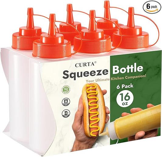 CURTA 6-Pack 16 oz Clear Squeeze Bottle with Cap, BPA-Free Easy-to-Squeeze Plastic Condiment Dispenser with oz & ml Markings for Sauce, Oil, Dressing, Dishwasher Safe, Red