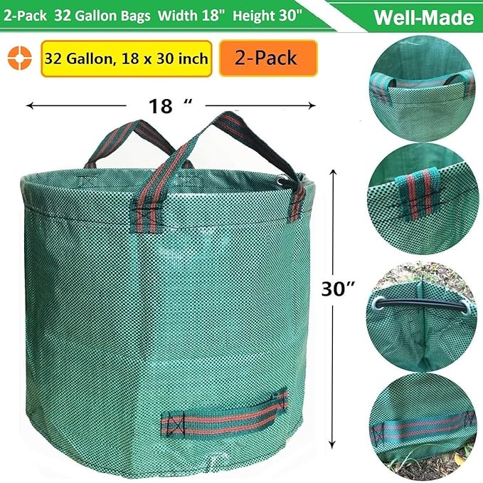 Standard 2-Pack 32 Gallon Yard Lawn Garden Bags (D18, H30 inch) with Gardening Gloves for Yard Waste,Debris Bags,Camping Trash Container,Laundry Bag,Recycling Bin,Grass Clippings,Leaf Bag W/ 4 Handles