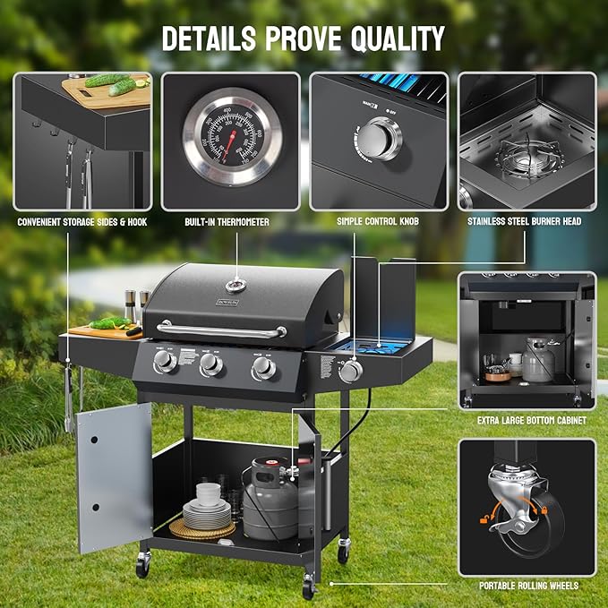 ROVSUN 3 Burner Propane Gas Grill with Side Burner, 46,000BTU BBQ Grills with Enameled Cast Iron Grates, Shelf & Cabinet for Outdoor Garden Patio Backyard Barbecue Cooking