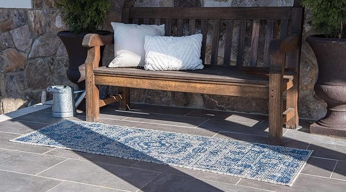 Unique Loom Outdoor Traditional Collection Area Rug - Timeworn (2' x 8' Runner, Blue/ Gray)