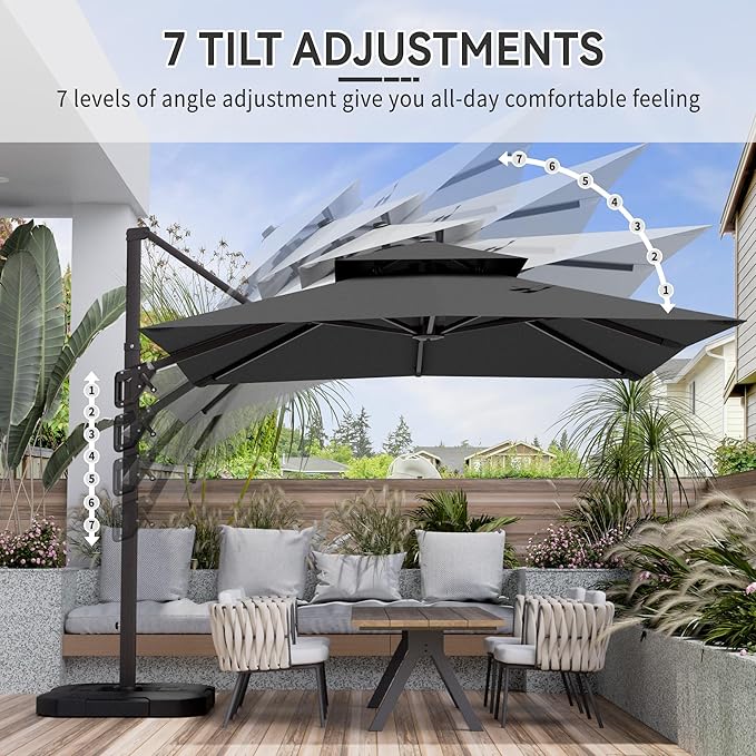 10' X 10' Cantilever Patio Umbrella Outdoor with Base Included Heavy Duty Double Top Windproof Square Offset Umbrellas with 360-degree Rotation for Pool Deck Backyard, Grey