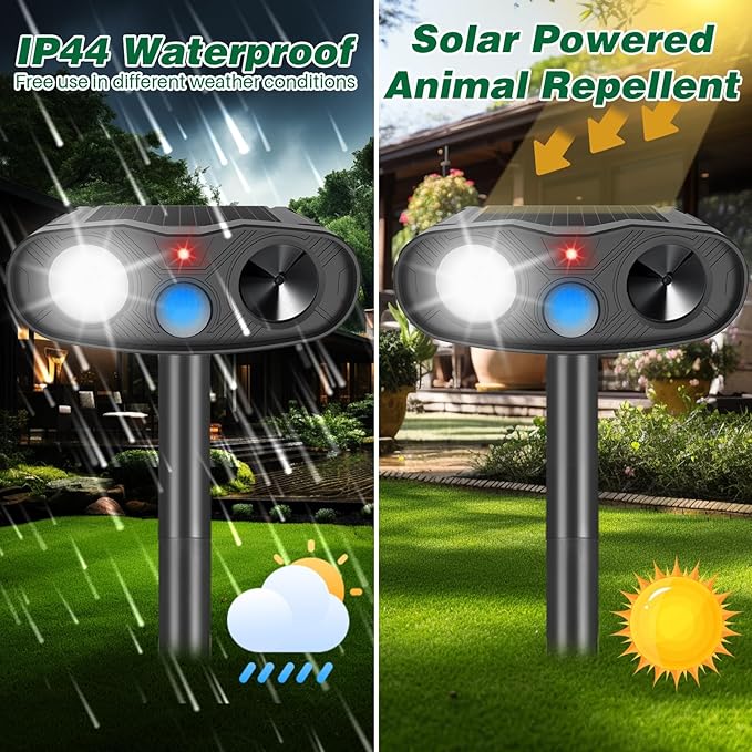 Ultrasonic Animal Repellent Outdoor Deer Repellent Devices, 2Pack Solar Animal Repeller with Motion Detection Cat Squirrel Dog Repellent Deterrent with LED Flash Lights for Yard (Black) 251113 (2)