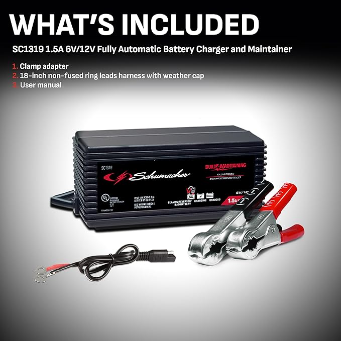 Schumacher Electric Battery Charger and Maintainer, 3-in-1, SC1319 - Fully Automatic, 1.5 Amp, 6 Volt and 12 Volt for Car, Power Sport and Marine Batteries