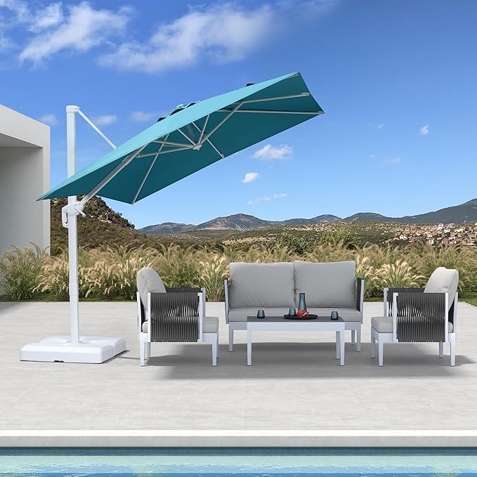 PURPLE LEAF 8 FT Patio Umbrella White Cantilever Umbrella Aluminum Square Outdoor Offset Umbrella Hanging Windproof with 360° Rotation for Garden Deck Pool, Turquoise
