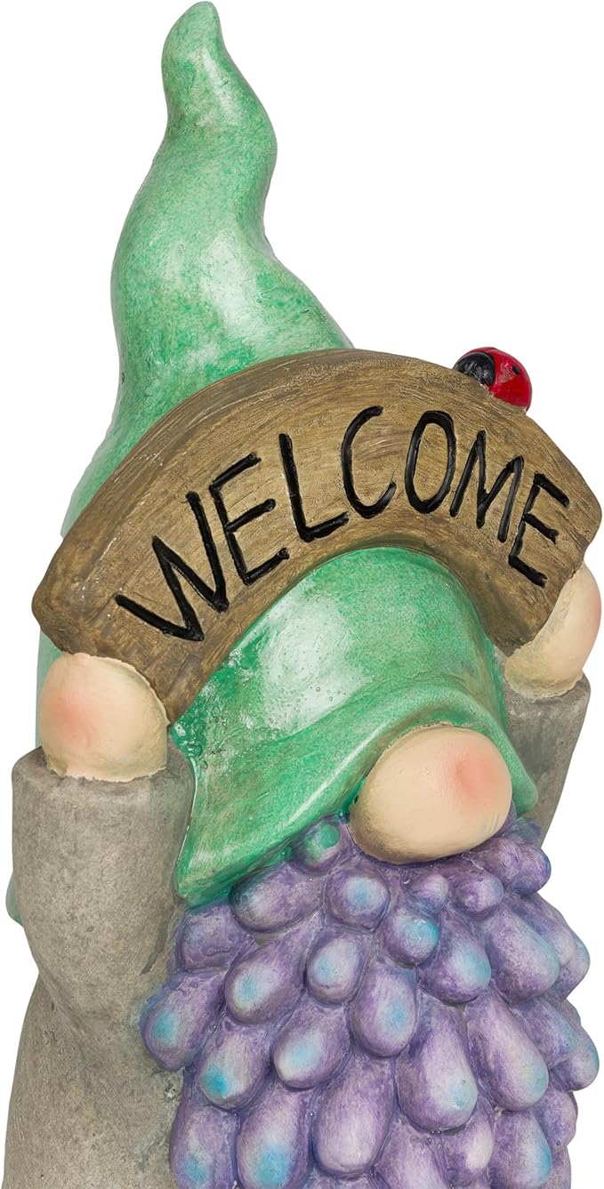 Alpine Corporation QWR1470 Gnome with Green Hat Holding “Welcome” Sign, Stylish Décor for Garden, Patio, & Pathway, 15" H