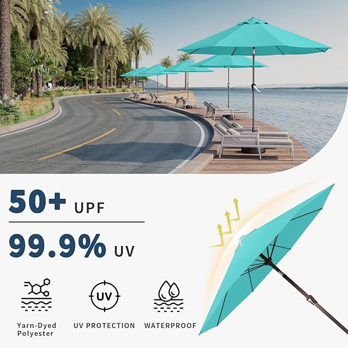 10FT Patio Umbrella Outdoor Market Umbrella with Crank and Tilt, 8 Flexible Fiberglass Ribs, UV-Resistant Waterproof Canopy for Patio, Deck, Garden, Backyard, Aqua Blue
