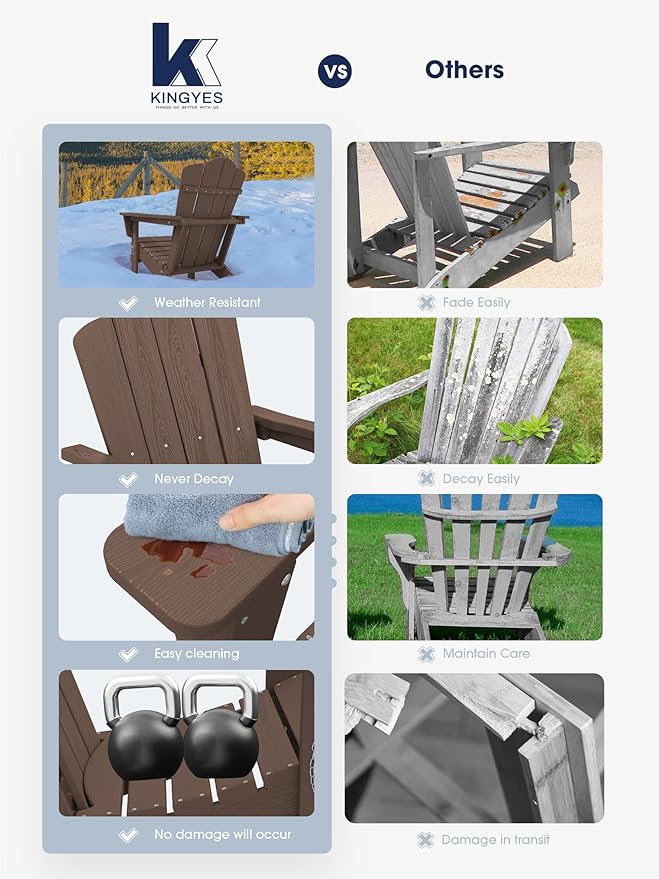 KINGYES Folding Adirondack Chair Set of 6, HDPE All-Weather Folding Adirondack Chair, Brown