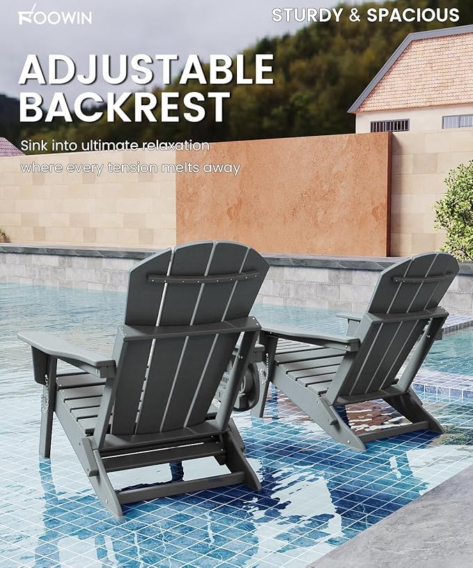 FOOWIN Folding Adjustable Adirondack Chair with Retractable Ottoman Set of 2, HDPE Adirondack Chair w/4 in 1 Cup Holder Trays,All-Weather Resistant Fire Pit Chair for Outdoor Patio Lawn, Grey