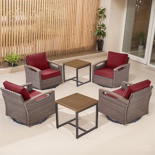 Rilyson 6 Piece Outdoor Patio Swivel Rocking Chairs, All Weather Wicker, Metal Armrest, Deep Seating, Thick Cushions, Side Table, Ideal for Deck Porch Backyard, Brown/Red