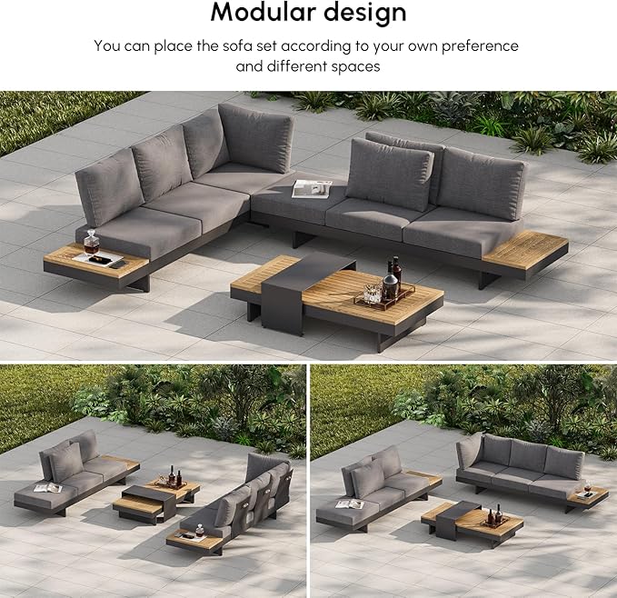 homary 6 Piece Aluminum & Teak Outdoor Sofa Set, Patio Conversation Sets Modular Outdoor Sofa with Covers, Waterproof, Fade Resistant Cushions Ideal for Patios & Balconies