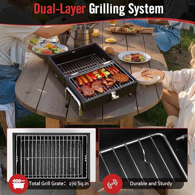 Portable Charcoal Grill, Table Top Small BBQ Grill For Outdoor, Camping, Beach, Easy Assembly, Heavy Duty & Multi-Use Small Grill, Black (270 Sq.In)