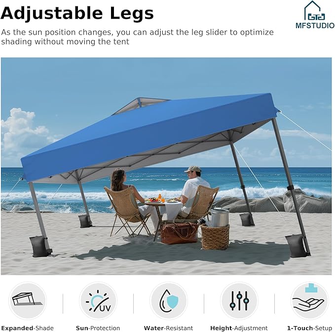 MFSTUDIO Pop Up Canopy Tent, 10x10 Canopies Outdoor One Person Push Set Up Tent Instant Portable Shelter Tents with Vented Top, Storage, 4 Sandbags, Beach Canopy,Blue