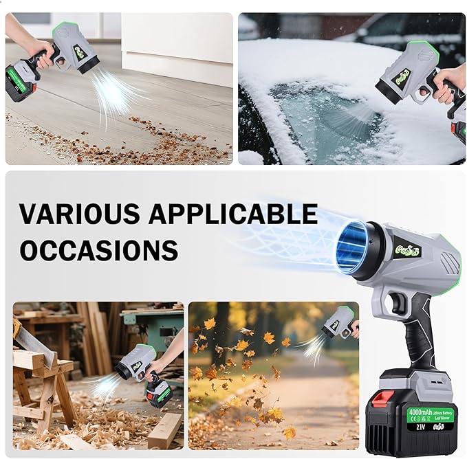 Leaf Blower Cordless, 21V Electric Leaf Blower with 2 Batteries and Charger, 4.0Ah Battery Powered Handheld Leaf Blowers for Lawn Care, Patio, Dust, Snow, Leaf Blowing Green