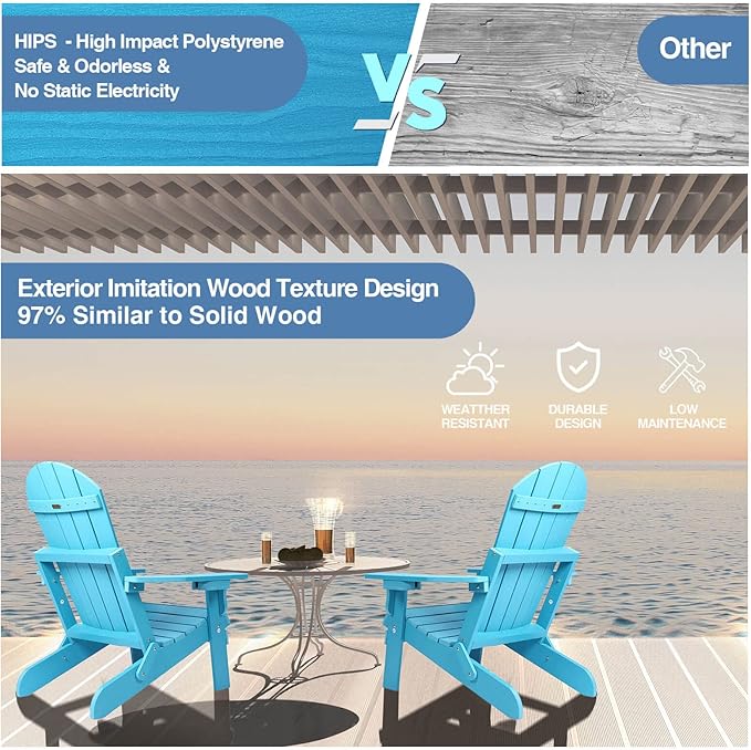 Folding Adirondack Chair, All Weather Resistant Plastic Chairs with Cup Holder, Fold or Unfold Easily in 1 Second, Outdoor Chairs for Patio, Garden, Backyard Deck, Lawn Fire Pit(Lake Blue)