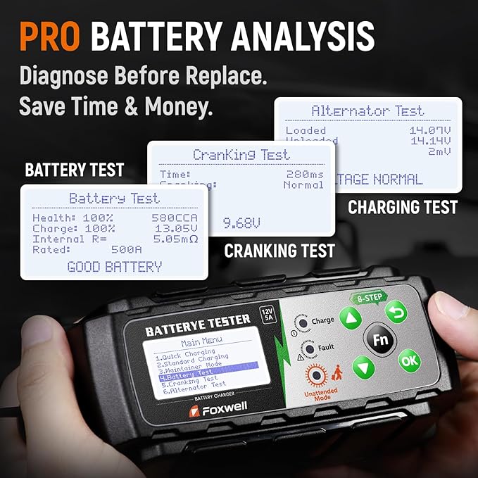 5A 12V Battery Charger, Tester & Analyzer, Trickle Charger & Desulfator, FOXWELL BC521 4-in-1 Smart Maintainer with Cranking & Alternator Test, 8-Stage Charging, Pulse Repair for Car, RV, Motorcycle