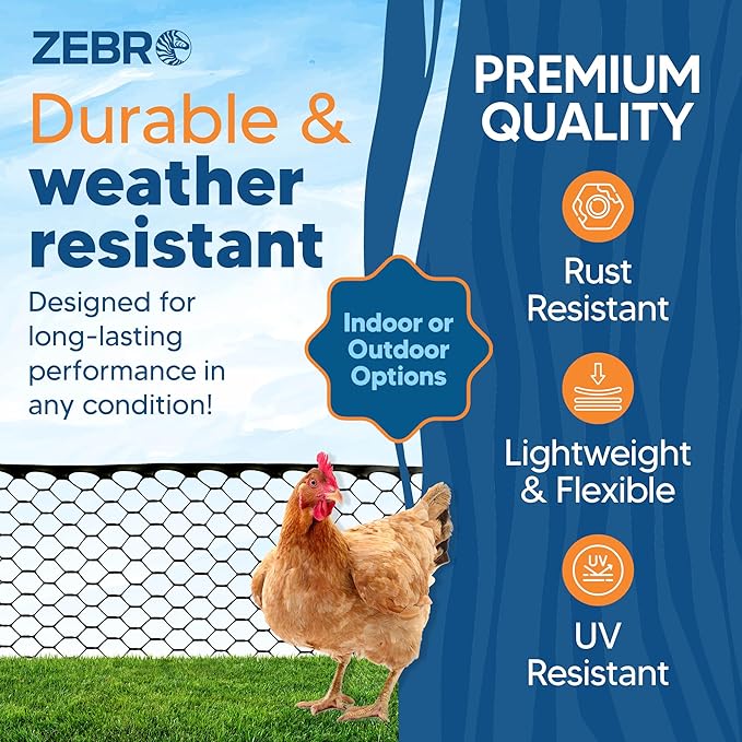 Zebro Plastic Chicken Wire Fence – Flexible Poultry Netting & Garden Fence for Chicken Coops, Rabbits, Pet Enclosures & Landscaping – Weatherproof & Rust-Free - 4' x 75' Black