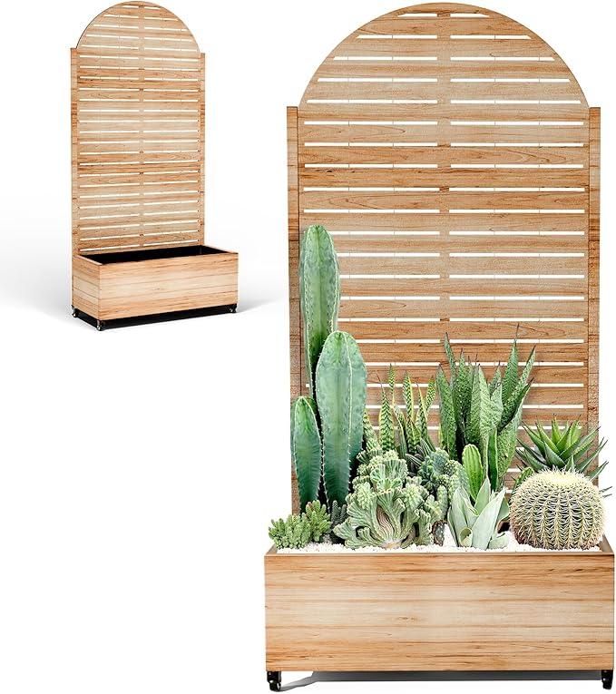 Metal Planter Box with Trellis for Climbing Plants, Privacy Planter with Trellis, Standing Planters Boxes with Privacy Screen, Drainage Holes (35" L, Arch White Wood Grain)