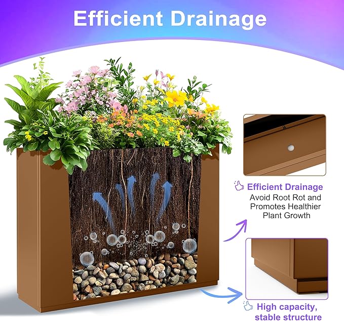 Tall Metal Planter, 12" W×24" H Large Rectangular Planter Box for Outdoor or Indoor, All-Weather Durable Plant Box with Drainage Holes & Removable Shelf for Patio, Porch, Garden, Trees, Flowers