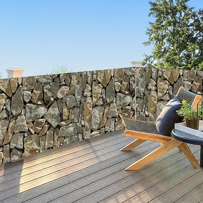 UPGRADE 4'x42'Customized PVC Privacy Fence Screen with Stone Wall Print – Outdoor Waterproof Patio Privacy Cover for Yard, Balcony, Garden Fence Decoration