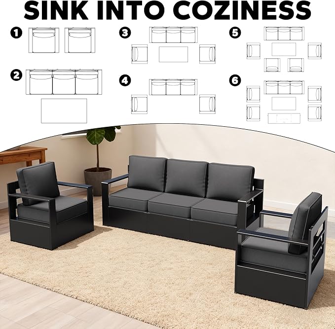 Aluminum Patio 79" Sofa Set with 2 Swivel Rocker Chairs, All Weather Outdoor Conversation Furniture with Metal Armrest & 6" Removable Cushions & Furniture Covers for Deck (Grey)