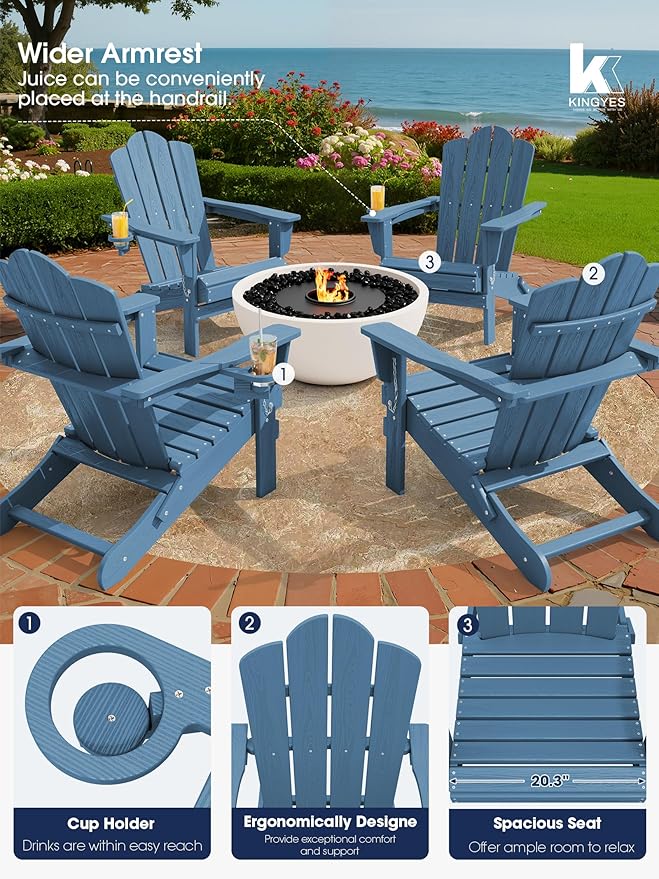 KINGYES Folding Adirondack Chair Set of 4, HDPE All-Weather Patio Chairs with Cup Holder, Wooden Textured Fire Pit Chairs for Poolside, Backyard, Deck, Navy