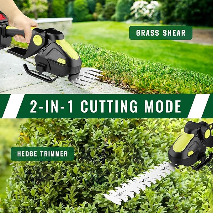 Hedge Trimmer Cordless, 2-in-1 Handheld Electric Glass Shear Cutter with 2.0Ah Rechargeable Battery, Mini Grass Shrub Trimmer for Garden, Pruning Yard and Lawn (Green)