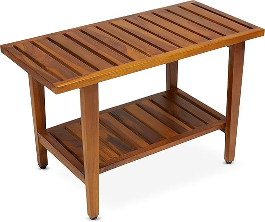 TeakCraft Teak Shower Bench with Shelf 30 inch Wood Spa & Shower Stool - Fully Assembled, The Liv