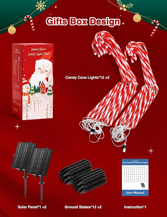 COOLWUFAN 24 Pack 28" Solar Candy Cane Path Lights Christmas Decorations, 4 Brightness Levels 264 Bright LEDs Waterproof Pathway Markers with Stakes for Outdoor Yard Garden Walkway Xmas Holiday Decor