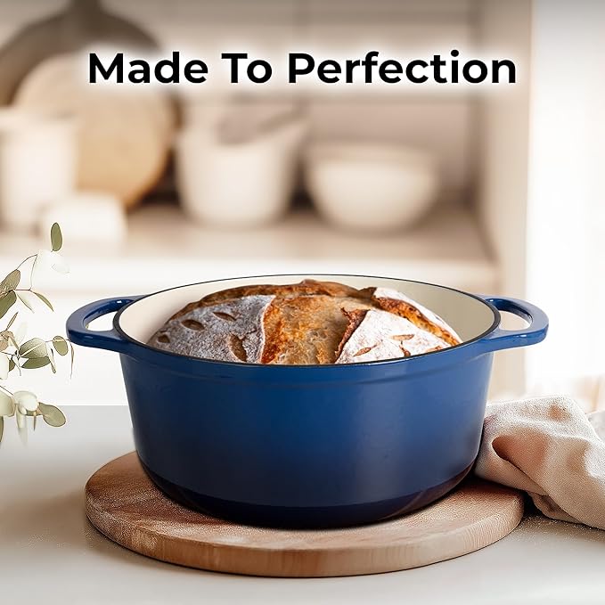 Zulay Kitchen 7.7 Quart Enameled Cast Iron Dutch Oven Pot with Lid – Premium Durability & Oven Safe up to 500°F – Heavy Duty Cookware Perfect for Bread Baking, Stews, Braising & Roasting – Blue