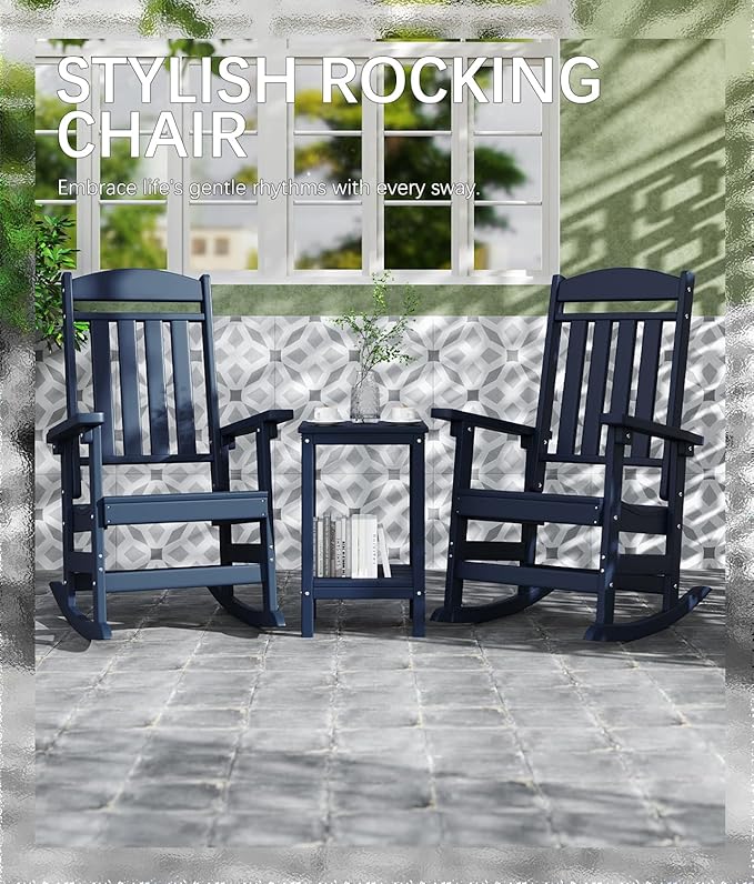 FOOWIN Outdoor Rocking Chair Set of 4, High Back Patio Rocking Chair, HDPE All Weather Resistant Porch Rocker for Adult, Oversized Rocking Chairs for Garden, Lawn, Indoor & Outdoor Use, Navy Blue