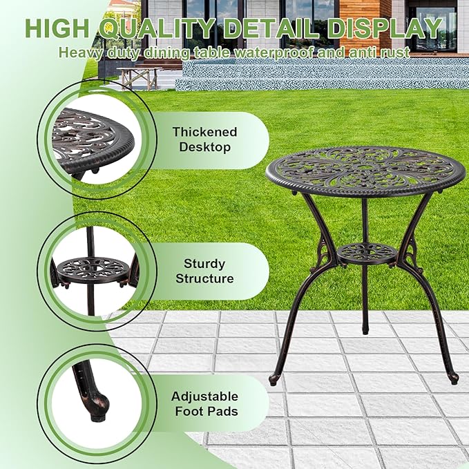 Bistro Set 3 Piece Outdoor,Cast Aluminum Outdoor Bistro Set,All Weather Bistro Table and Chairs Set of 2 with 1.97" Umbrella Hole,Patio Bistro Sets for Backyard, Balcony,Front Porch(Brown)