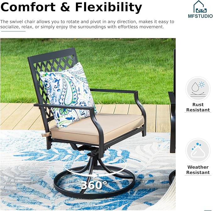 MFSTUDIO 9 PCS Patio Dining Set with Large Square Metal Slat Dining Table and 8 Swivel Metal Chair with Cushion, All Weather Outdoor Furniture for Lawn Backyard Garden